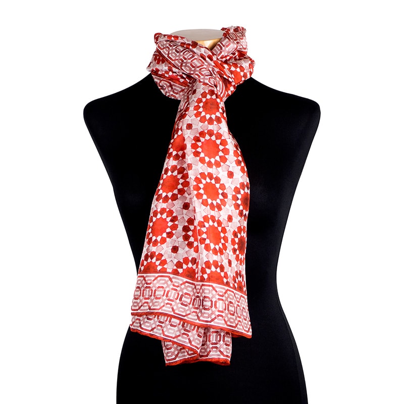 Silk scarf with geometric moroccan art design red and white