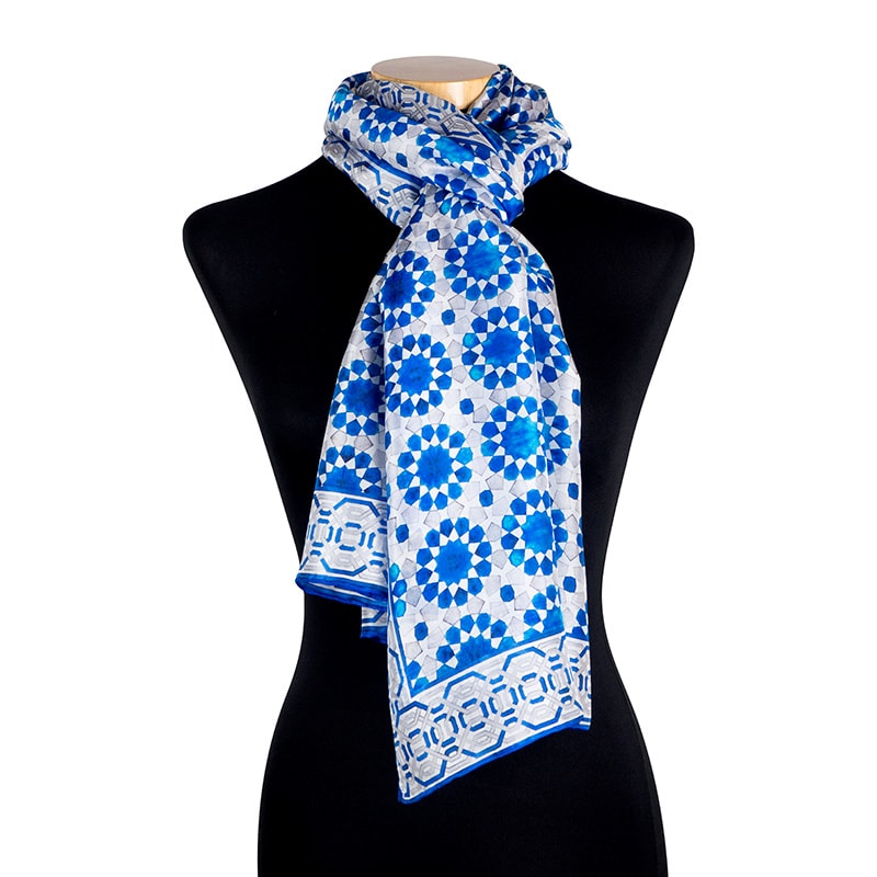 Islamic art inspired blue and gray silk neck scarf