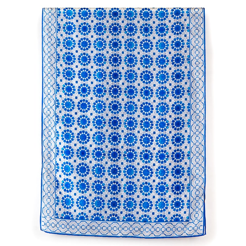 Blue and grey large silk scarf with geometric pattern