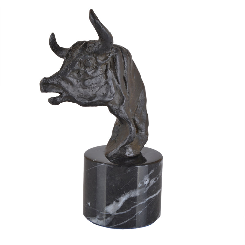 Bull's head sculpture made with bronze and marble