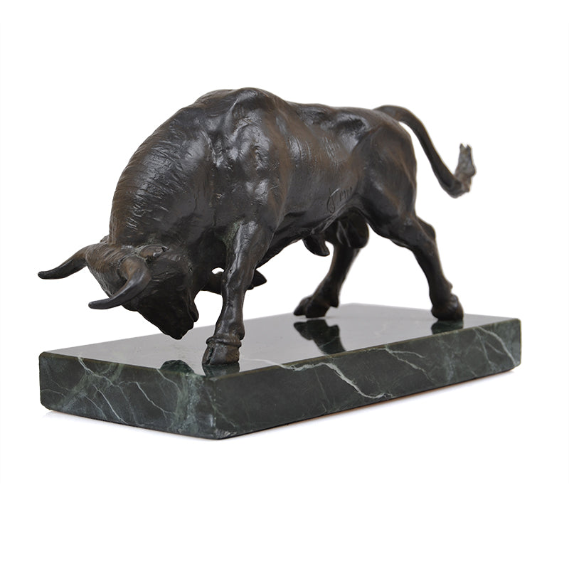 Bronze bull sculpture with marble base