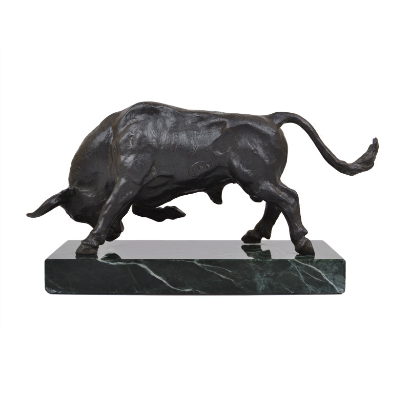 Full body bronze bull sculpture on charging position with marble base