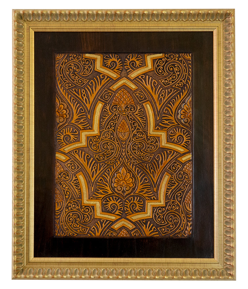 Islamic art inspired embossed and tooled leather painting 