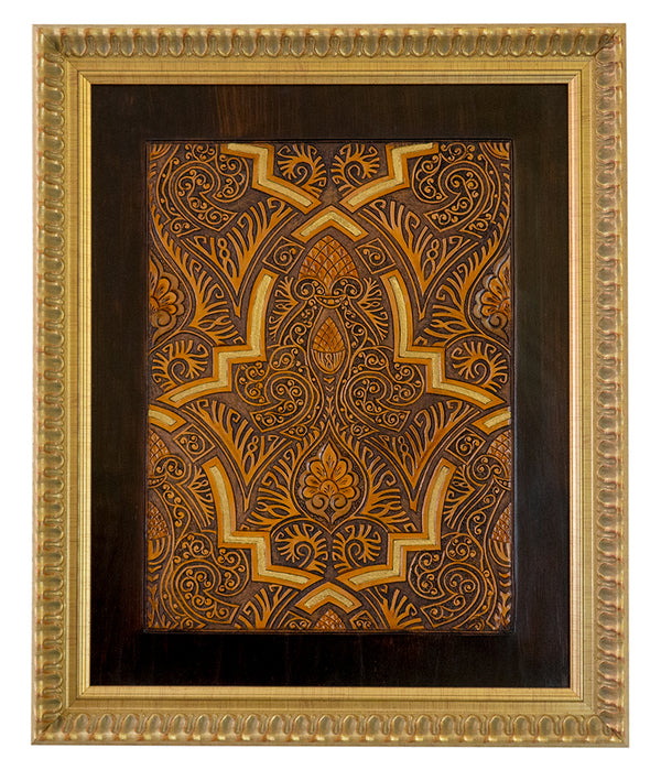 Islamic art inspired embossed and tooled leather painting 