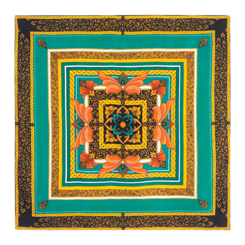 Floral square silk scarf with gold, black and turquoise colors