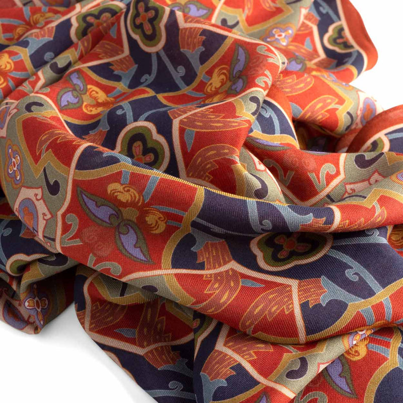 Detail of blue and red scarf inspired by Turkish Motifs
