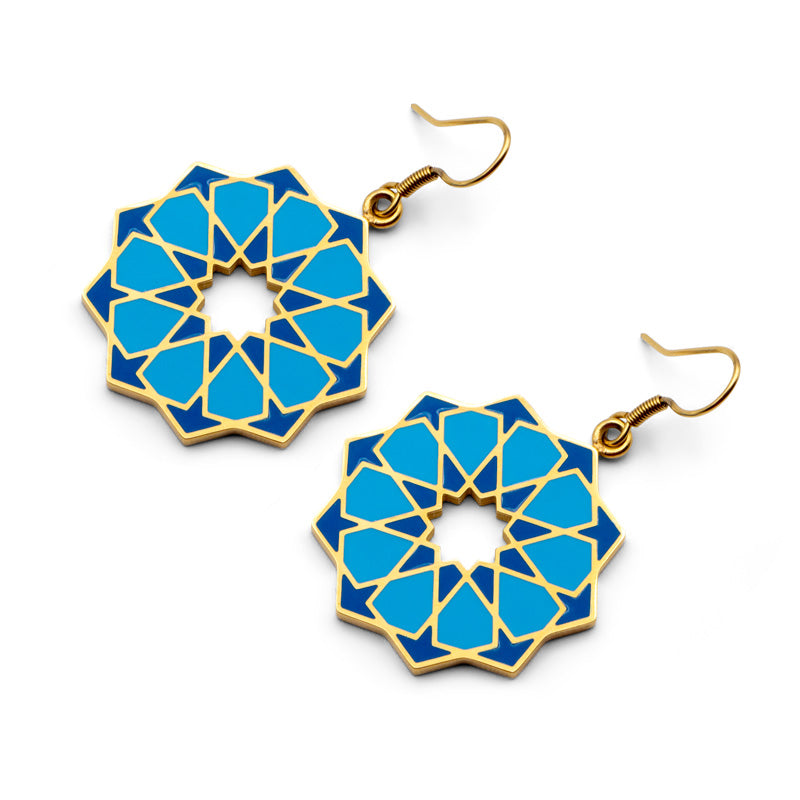 Moroccan tiles inspired blue and gold dangle earrings