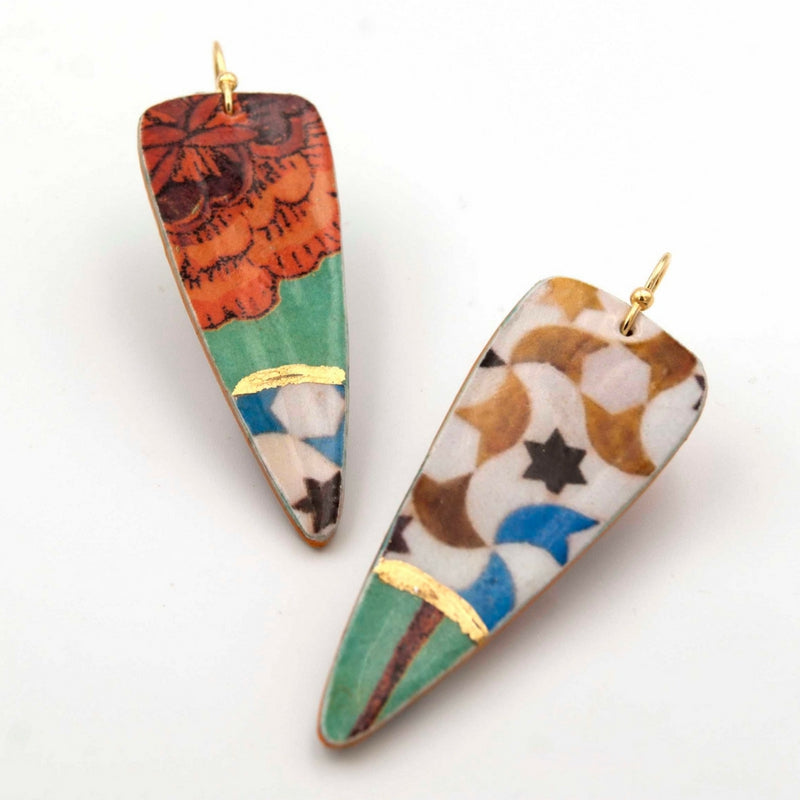 Colorful triangle earrings with islamic art inspired and floral print with hand painted gold details