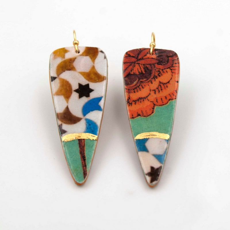 Triangle dangle earrings featuring floral and islamic mosaic tiles inspired print