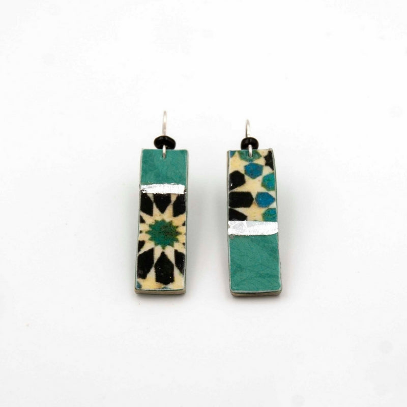 Green rectangle earrings with hand painted silver details inspired by Alhambra tiles