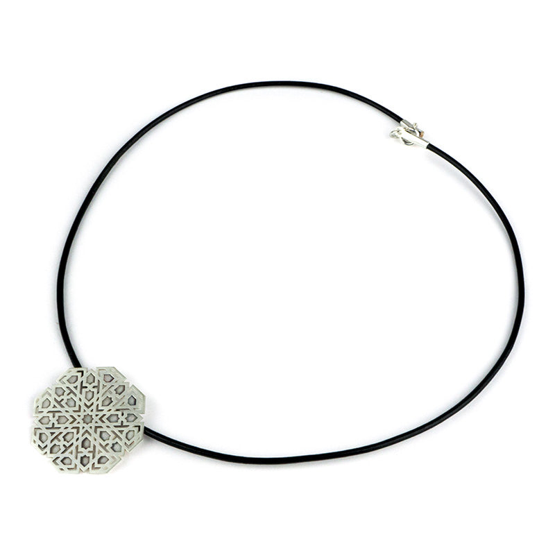 Islamic art silver necklace with black leather cord