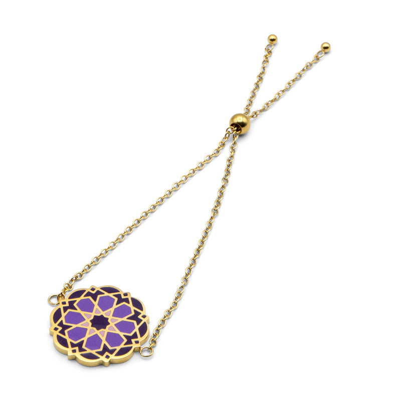 Islamic geometry inspired gold plated bracelet with purple and pink design