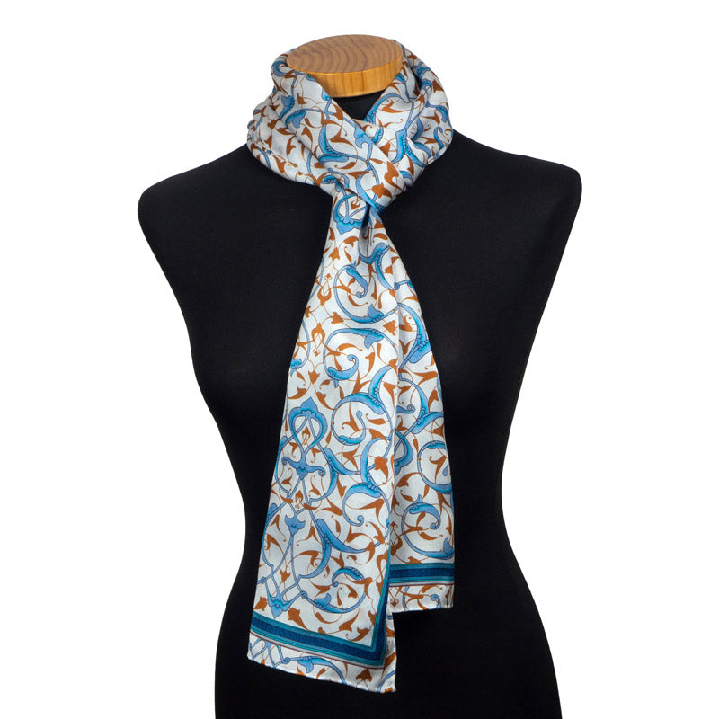 Blue and white silk scarf for the neck