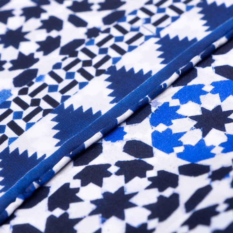 Detail of blue, white and black silk square scarf