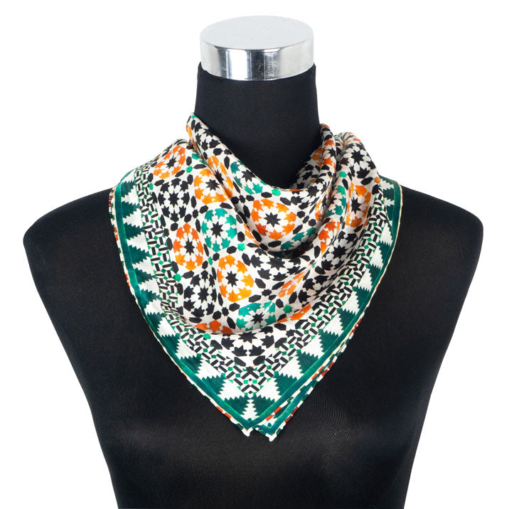 Green, orange and black islamic art inspired square silk scarf