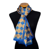 Blue and brown silk neck scarf with ottoman print